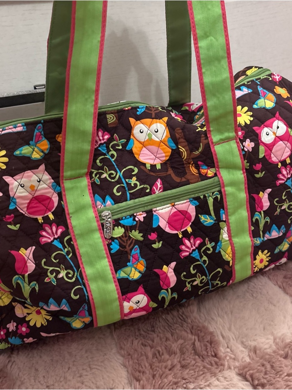 NGIL Vintage Owl Print Quilted Duffle Bag in pink Green and brown